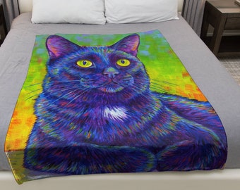 Colorful Black Cat Cute Rainbow Trippy Kitty Pop Art Plush Fleece Velveteen Microfiber Throw Blanket