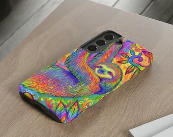 Étui de téléphone portable résistant arc-en-ciel psychédélique mignon paresseux Samsung Galaxy Google Pixel