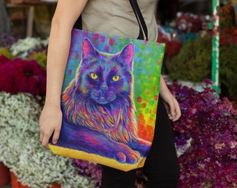 Psychedelic Rainbow Longhaired Cute Black Cat Trippy Kitty Pop Art Tote Bag