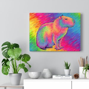 Psychedelic Rainbow Cute Capybara Trippy Stretched Canvas Wall Art Print on wall above counter