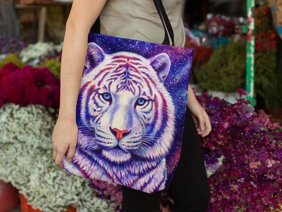 Colorful Cosmic Galaxy Rainbow White Tiger Fantasy Art Tote 