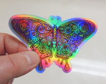 Psychedelic Rainbow Paisley Butterfly Holographic Vinyl Sticker Trippy Groovy Decals