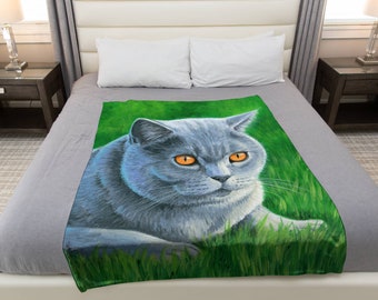 Grey British Shorthair Gray Cat Cute Pet Art Velveteen Microfiber Plush Fleece Throw Blanket