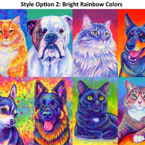 May include: A collage of eight different pet portraits in a bright rainbow color palette. The portraits include a cat, a dog, a bulldog, a chihuahua, a German Shepherd, and a tabby cat.