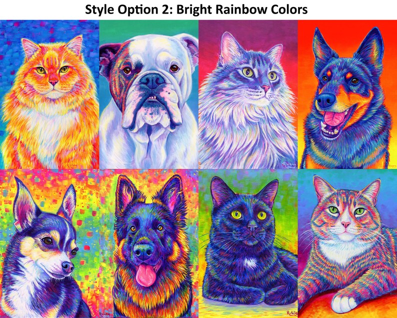 May include: A collage of eight different pet portraits in a bright rainbow color palette. The portraits include a cat, a dog, a bulldog, a chihuahua, a German Shepherd, and a tabby cat.