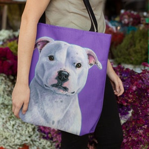 White Staffordshire Bull Terrier Cute Purple Staffie Dog Staffy Pet Art Tote Bag image 1