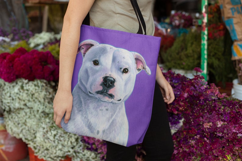 White Staffordshire Bull Terrier Cute Purple Staffie Dog Staffy Pet Art Tote Bag image 1