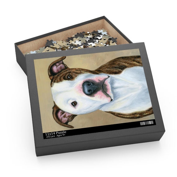 Brindle & White Pit Bull Terrier Cute Staffordshire Pitbull Art Jigsaw  Puzzle