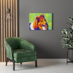 Colorful canvas art print of a rainbow colored Shetland Sheepdog (sheltie)