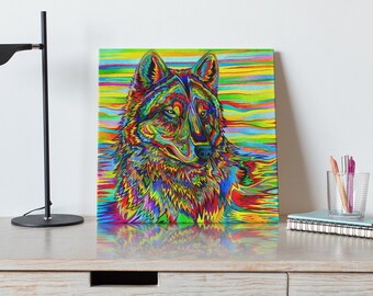 Psychedelic Rainbow Trippy Wolf Pop Art Stretched Canvas Art Print Wall Art
