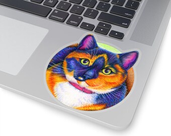 Autocollants colorés en vinyle avec chat Trippy Kitty et chat calicot arc-en-ciel