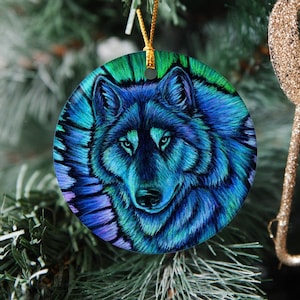 Wolf Aurora Colorful Fantasy Spirit Animal Pop Art Ceramic Porcelain Ornament image 1