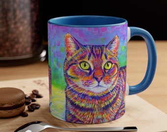 Mug chat tigré brun arc-en-ciel, mignon chaton coloré coloré, accent pop art, 11 oz