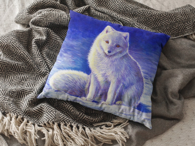 Cute Colorful White Arctic Fox Winter Snow Polyester Square Throw Pillow image 1