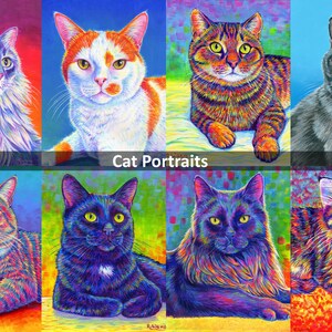 May include: A collage of eight colorful cat portraits. Each cat is painted in a vibrant rainbow style with a white background. The title "Cat Portraits" is displayed in the center of the collage.