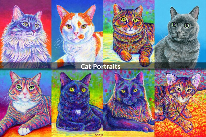 May include: A collage of eight colorful cat portraits. Each cat is painted in a vibrant rainbow style with a white background. The title "Cat Portraits" is displayed in the center of the collage.