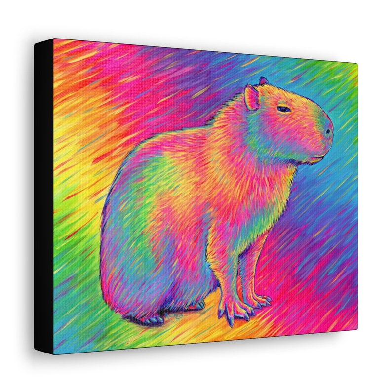 Psychedelic Rainbow Cute Capybara Trippy Stretched Canvas Wall Art Print showing black sides