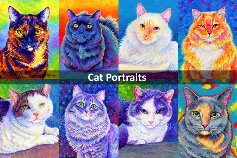 May include: A collage of eight colorful cat portraits. Each cat is painted in a vibrant, abstract style with a rainbow background. The title "Cat Portraits" is displayed in the center of the image.