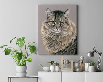 Longhaired Brown Tabby Maine Coon Siberian Norwegian Forest Cat Pet Art Canvas Wall Art Prints