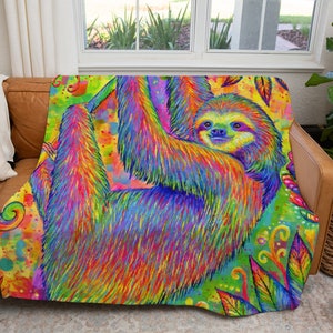 Psychedelic Rainbow Cute Sloth Art Plush Fleece Velveteen Microfiber Throw Blanket