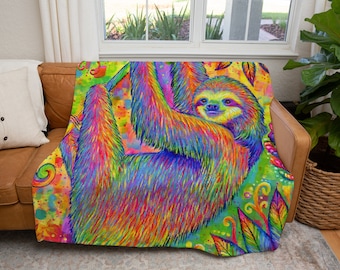 Psychedelic Rainbow Cute Sloth Art Plush Fleece Velveteen Microfiber Throw Blanket