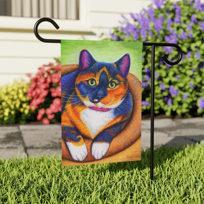 Colorful Rainbow Calico Cat Cute Kitty Art Garden Flag & House Banner Yard Décor 12'' × 18''