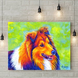 Colorful canvas art print of a rainbow colored Shetland Sheepdog (sheltie)