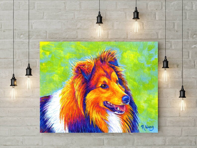 Colorful canvas art print of a rainbow colored Shetland Sheepdog (sheltie)