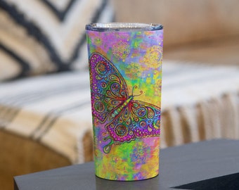 Psychedelic Rainbow Paisley Butterfly Art Stainless Steel Travel Mug Tumbler 20oz