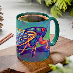 Rainbow Cicada Psychedelic Bugs Trippy Insect Colorful Accent Coffee Mugs 11oz 15oz