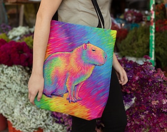 Psychedelic Rainbow Cute Capybara Trippy Art Tote Bag
