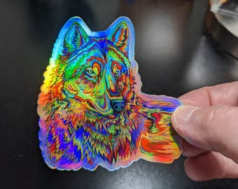 Psychedelic Rainbow Trippy Wolf Holographic Vinyl Hippie Sticker