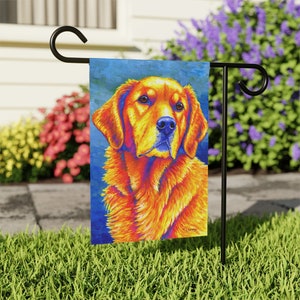 Colorful Rainbow Golden Retriever Cute Dog Art Garden Flag & House Banner Yard Décor