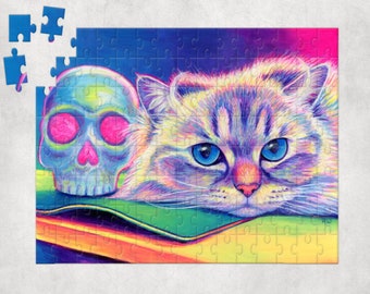 Rainbow Himalayan Cat and Psychedelic Skull Trippy Pet Pop Art Jigsaw Puzzle (120, 252, 500-Piece)