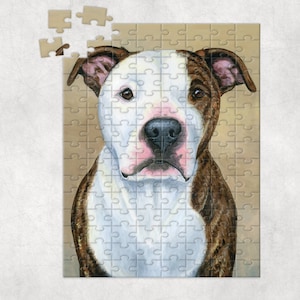 Jigsaw Puzzle of American Pit Bull sitting by rock (MR)