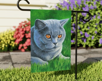 Grey British Shorthair Gray Cat Garden Flag & House Banner Yard Décor