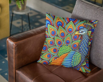Coussin carré en polyester psychédélique arc-en-ciel psychédélique coloré motif cachemire et oiseau trippy