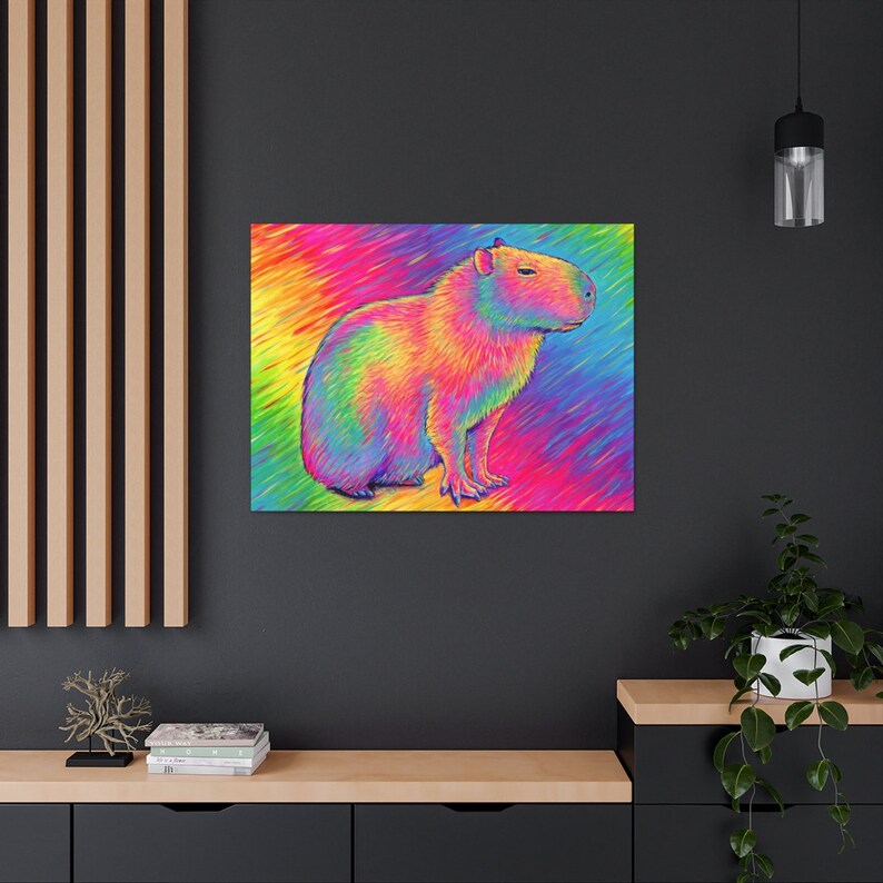 Psychedelic Rainbow Cute Capybara Trippy Stretched Canvas Wall Art Print above shelves