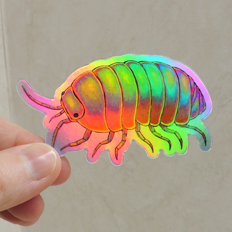 Psychedelic Rainbow Roly Poly Trippy Isopod Groovy Woodlouse Hippie Holographic Vinyl Stickers image 1