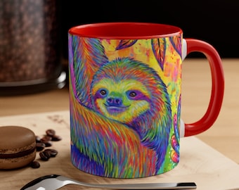 Psychedelic Rainbow Cute Sloth Trippy Ceramic Coffee Accent Mug 11oz and 15oz