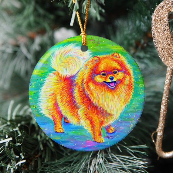 Colorful Rainbow Pomeranian Dog Round Ceramic Ornament Etsy