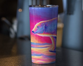 Mug de voyage en acier inoxydable Art animalier coloré de l'Arctique coucher de soleil ours polaire 20 oz