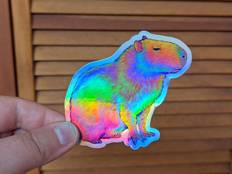 Psychedelic rainbow capybara vinyl die cut holographic sticker