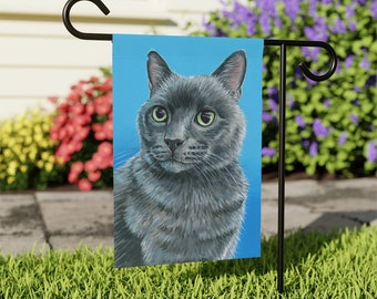 Cute Russian Blue Gray Cat Colorful Kitty Art Garden Flag & House Banner Yard Décor