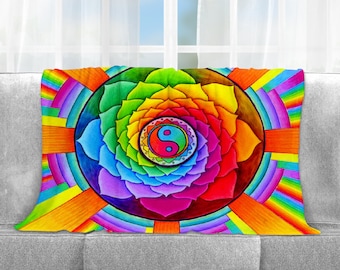 Healing Lotus Rainbow Yin Yang Mandala Hippie Trippy Psychedelic Plush Fleece Velveteen Microfiber Throw Blanket Single Double Sided