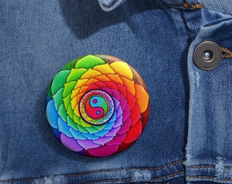 Healing Lotus Rainbow Yin Yang Mandala Trippy Psychedelic Hippie Pin Back Button Badge