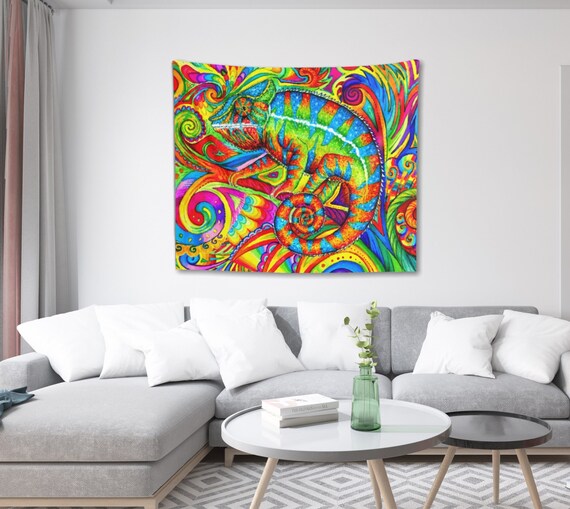 Psychedelic Panther Chameleon Trippy Lizard Rainbow Reptile Indoor Tapestry Wall Art Decor Etsy Canada