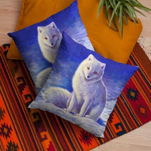 Cute Colorful White Arctic Fox Winter Snow Polyester Square Throw Pillow image 6
