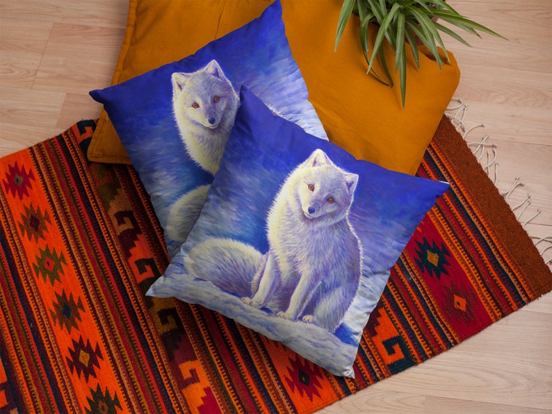 Cute Colorful White Arctic Fox Winter Snow Polyester Square Throw Pillow image 6