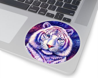 Colorful Cosmic White Tiger Fantasy Rainbow Stars Galaxy Wild Feline Vinyl Stickers